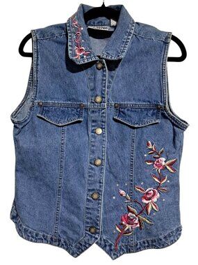 Vtg Bill Blass Denim Vest Womens M Medium Blue Boho Rose Embroidered Cotton Butt